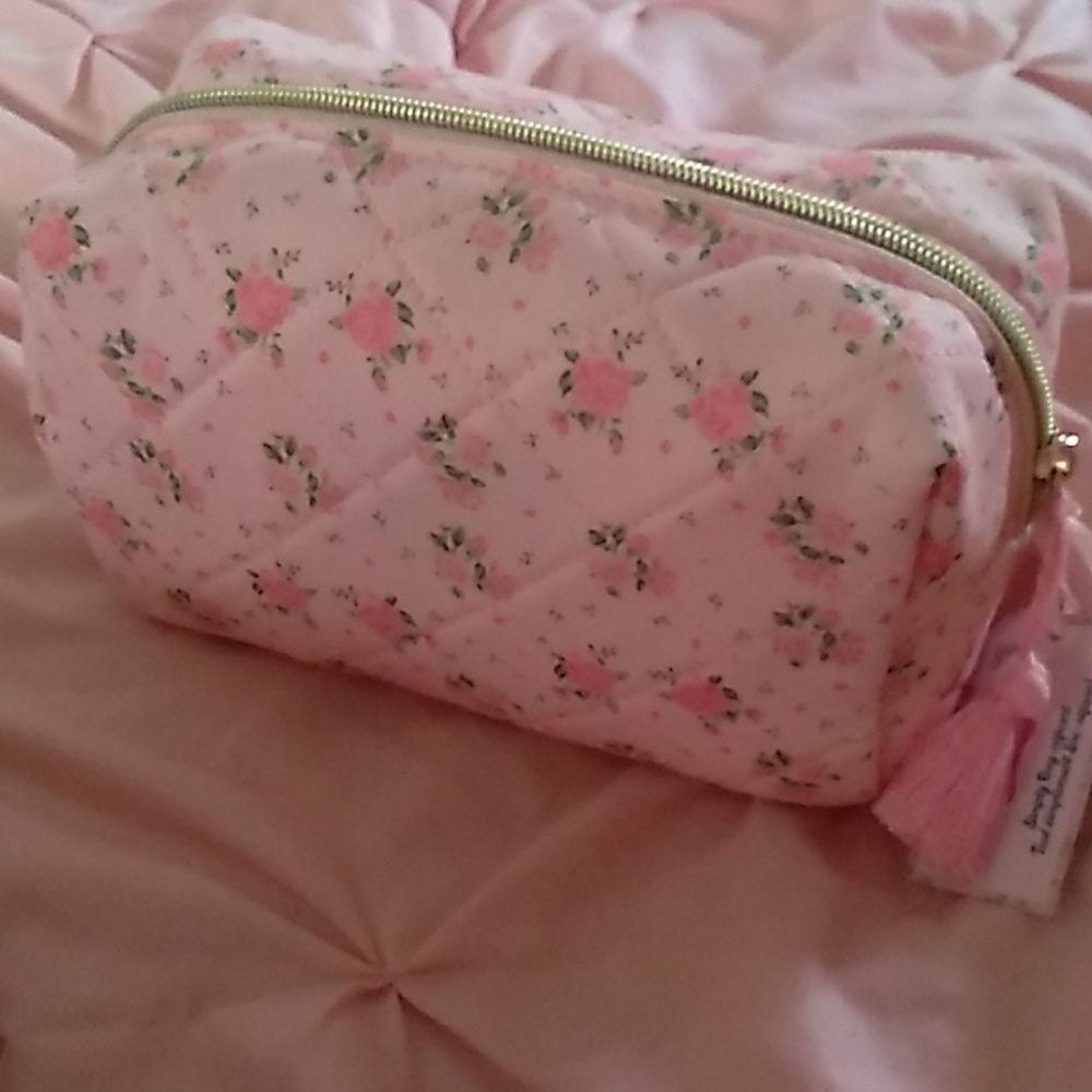 Pink Floral Quilted Cosmetic Bag with Gold Zipper